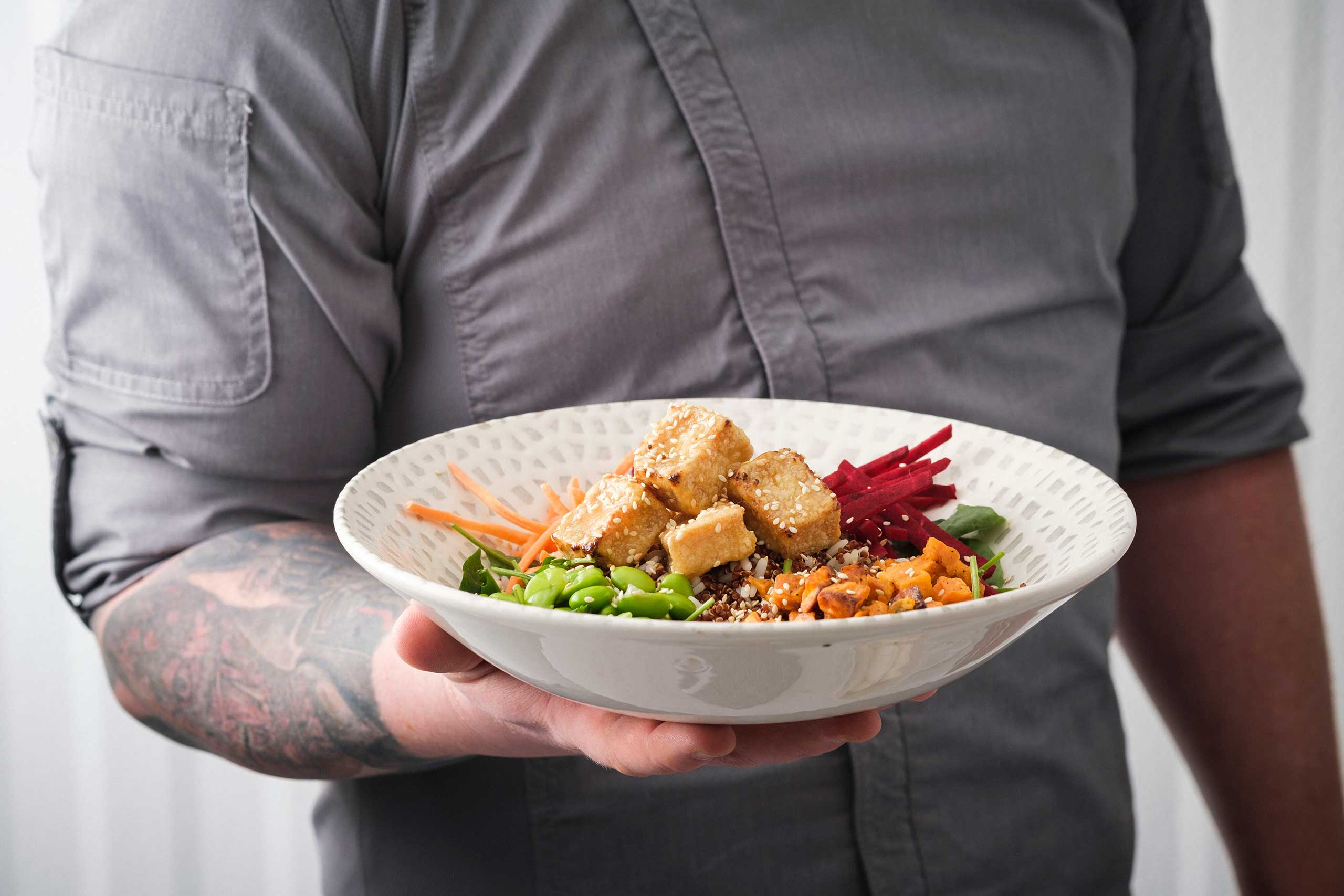 Close up shot of crispy tofu dish